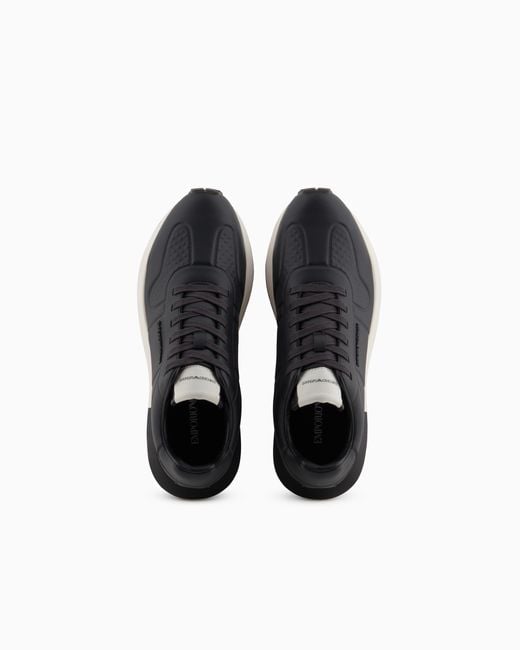 Emporio Armani Black Leather Sneakers With Thermoformed Details for men