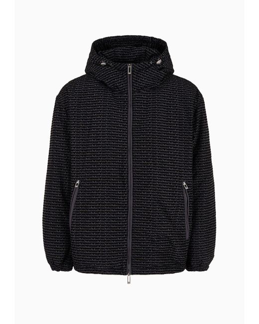 Emporio Armani Black Hooded Jacket In Crinkled Nylon With All-over Flocked Logo Lettering for men