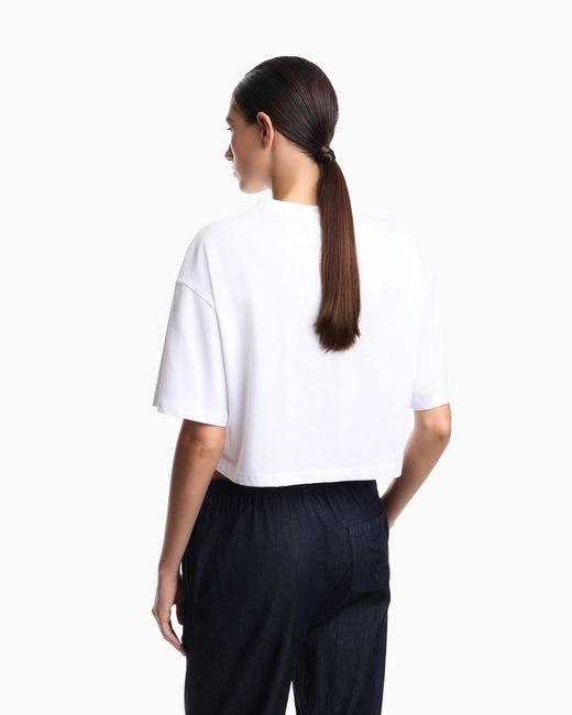 Emporio Armani White Cropped Jersey T-Shirt With Eagle Print