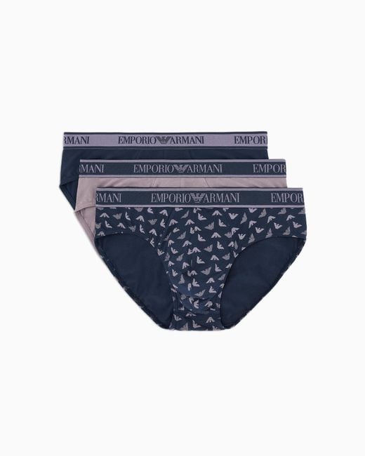 Emporio Armani Blue Three-Pack Of Briefs With Core Logo Waistband for men