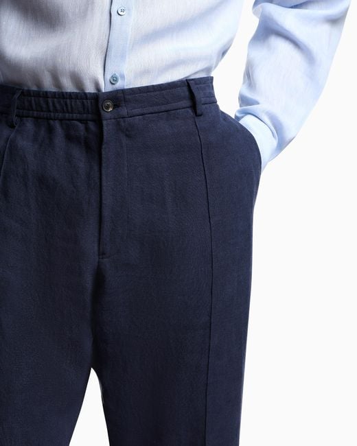Emporio Armani Blue Crêpe-Effect Faded Linen Trousers With Pleats for men