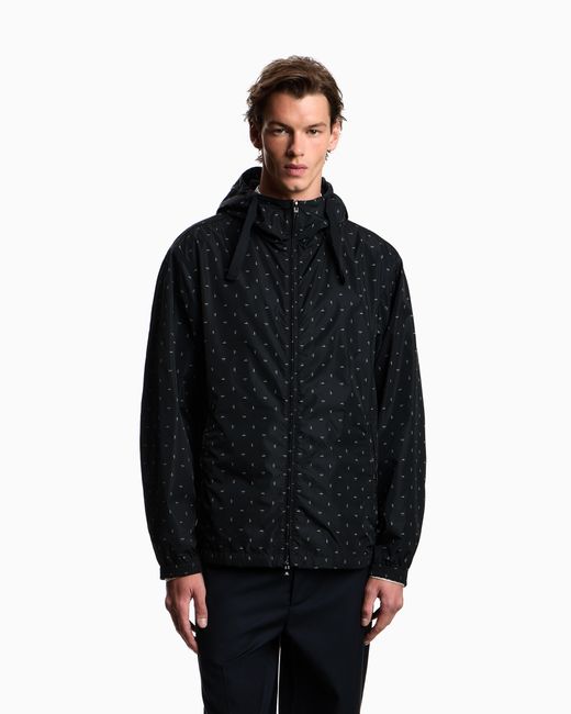 Emporio Armani Blue Nylon Hooded Blouson With All-Over Micro-Eagle Graphic Design for men