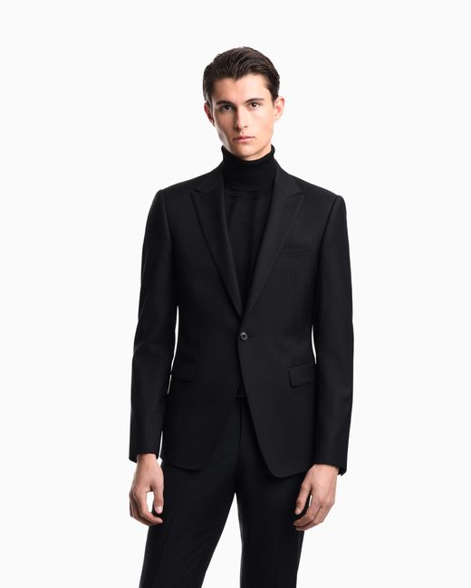 Emporio Armani Blue Plain Worsted Wool Single-Breasted Jacket for men