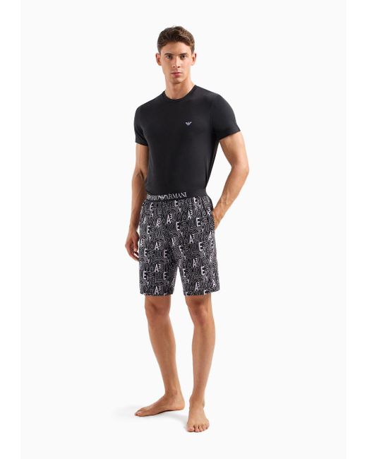 Emporio Armani Black Comfort-fit Pyjamas With Bermuda Shorts With All-over Bold Logo for men