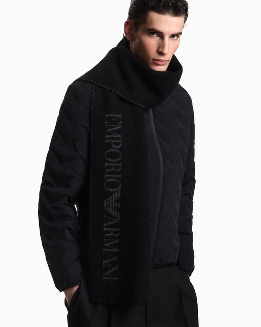Emporio Armani Black Wool And Cashmere Scarf With Jacquard Logo for men