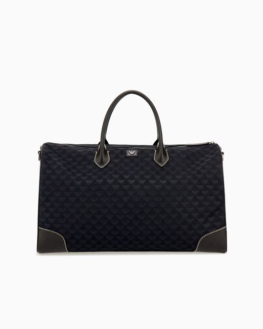 Emporio Armani Black Duffle Bag With A Geometric Pattern And Leather Handles for men