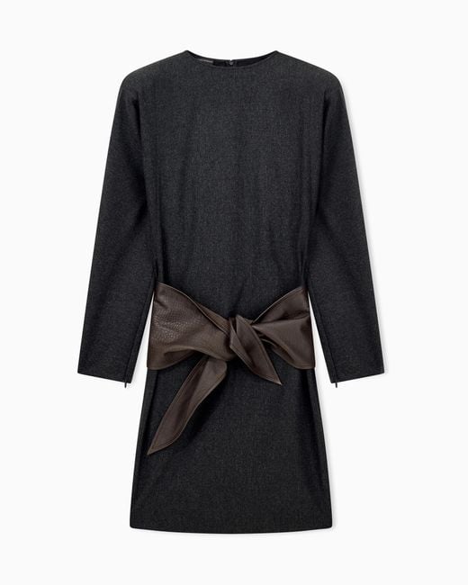 Emporio Armani Black Wool Cashmere Flannel Dress With Textured Waist Bow