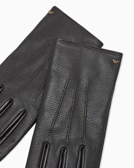 Emporio Armani Black Leather Gloves With Wool Lining And A Metal Eagle Logo for men