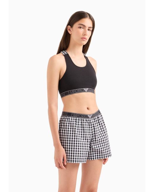 Emporio Armani Black Jersey Loungewear Crop Top With Gingham Details