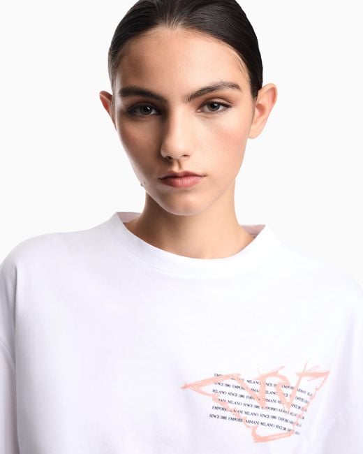 Emporio Armani White Cropped Jersey T-Shirt With Eagle Print
