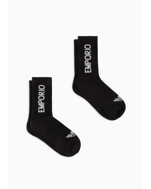 Emporio Armani Black Two-pack Of Terry Socks With Sports Logo Lettering for men