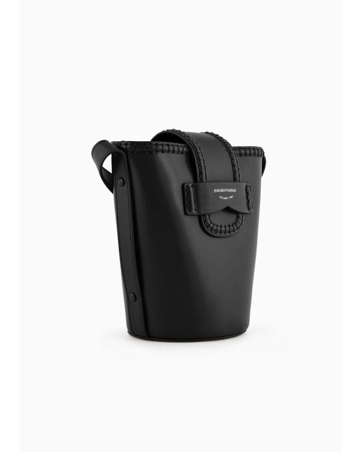 Emporio Armani Black Leather Bucket Shoulder Bag With Icon Strap