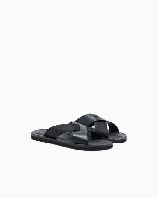Emporio Armani Blue Leather Cross-Over Sandals With Logo Tape for men