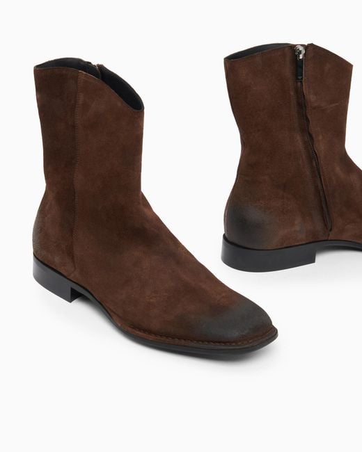 Emporio Armani Brown Oiled Suede Ankle Boots With Leather Lining And Rounded Toe for men