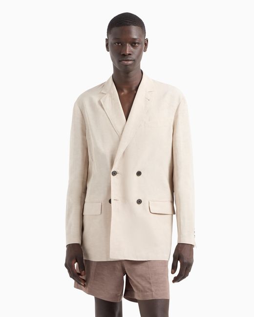 Emporio Armani Natural Double-Breasted Linen-Blend Blazer for men