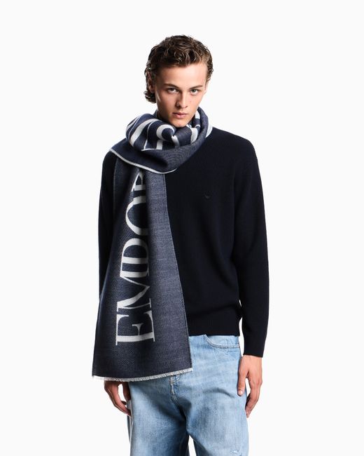 Bufanda Bicolor En Mezcla De Lana Con Maxilogotipo Emporio Armani de hombre de color Blue