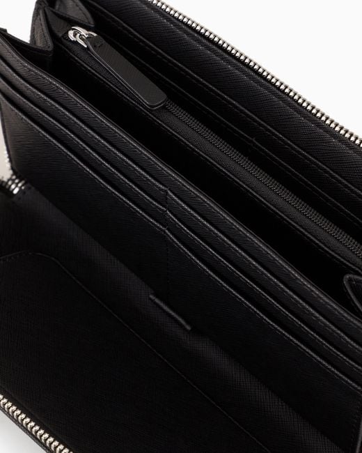 Emporio Armani Black Regenerated Saffiano Leather Zip-Around Wallet With Eagle Plate for men