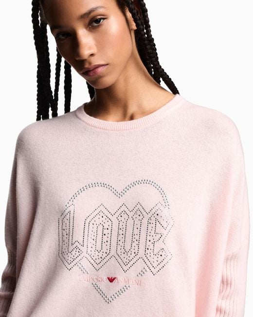 Emporio Armani Pink Valentine's Day Capsule Collection Virgin-Wool Jumper With Rhinestones