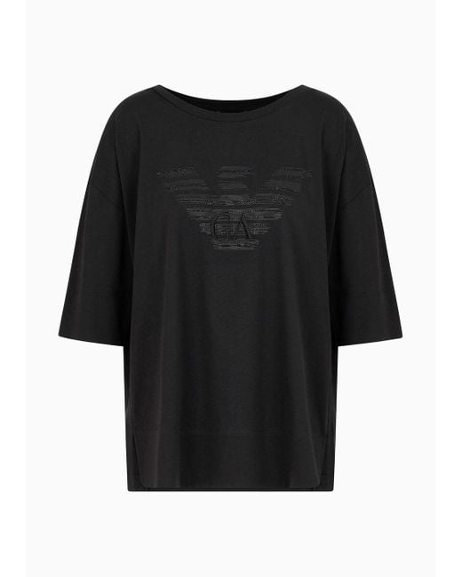 Emporio Armani Black Oversized T-shirt With Oversized Rhinestone Eagle Print And Logo Embroidery
