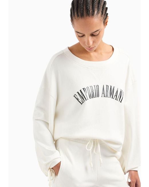 Emporio Armani White Asv Organic French Terry Drawstring Sweatshirt With Logo Print