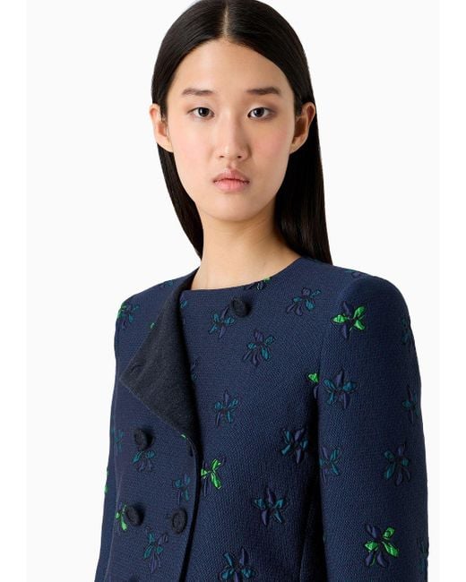 Emporio Armani Blue Double-breasted Jacket In Jacquard Fabric With A Floral Pattern