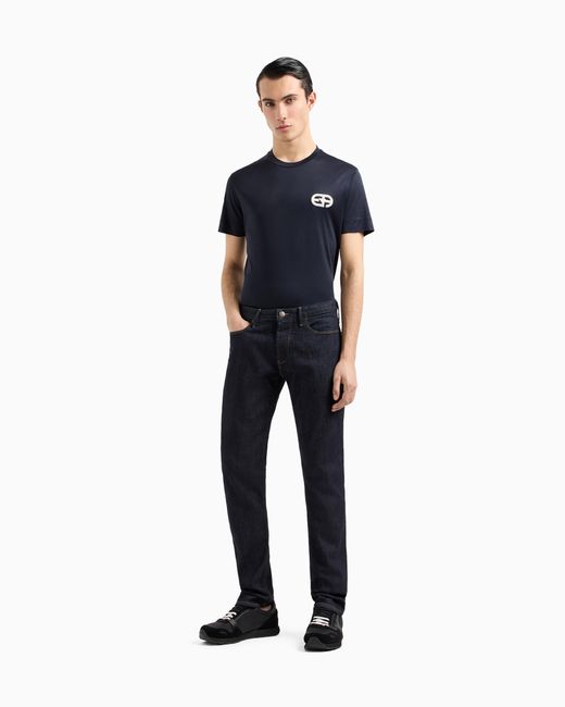 Camiseta En Punto De Mezcla De Lyocell Con Logotipo Ea Bordado En Relieve Emporio Armani de hombre de color Blue