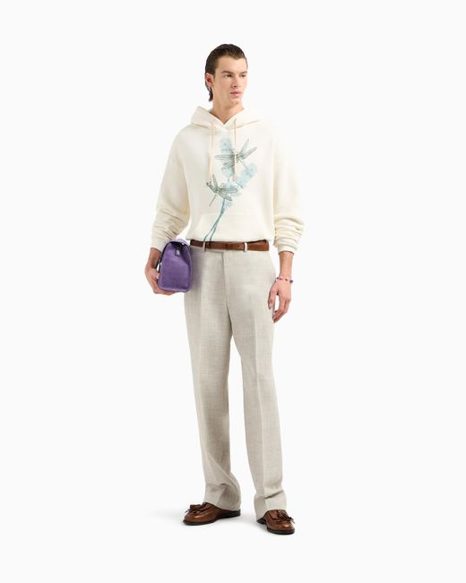 Emporio Armani White Asv Jersey Hooded Sweatshirt With Dragonfly Print And Embroidery for men