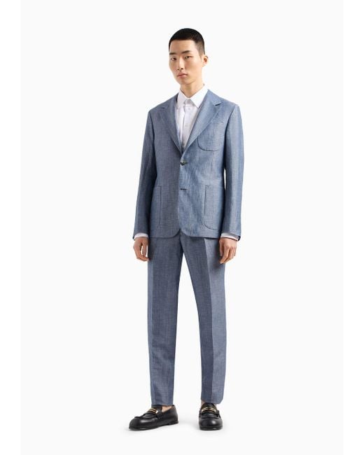 Emporio Armani Blue Single-breasted Suit In An Ultra-light Tropical Virgin Wool And Linen-blend Fabric for men