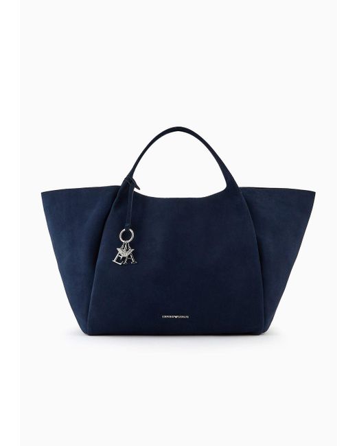 Emporio Armani Blue Split Cowhide Oversize Shopper Bag With Logo Charm