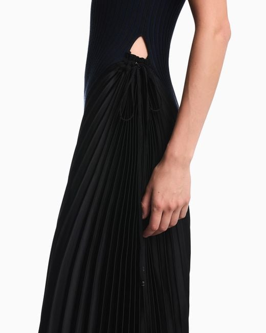 Emporio Armani Blue Long Viscose Dress With Pleated Side Insert And Drawstring