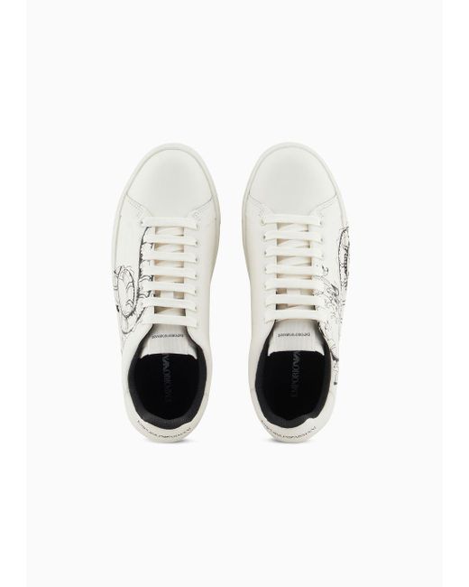 Emporio Armani White Dragon-print Leather Sneakers