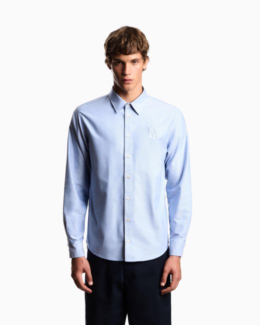 Emporio Armani Blue Eagle Club Cotton Oxford Shirt With Embroidery for men