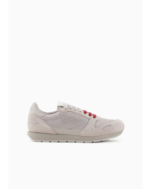 Emporio Armani White Mesh Sneakers With Suede Details And Eagle Patch for men