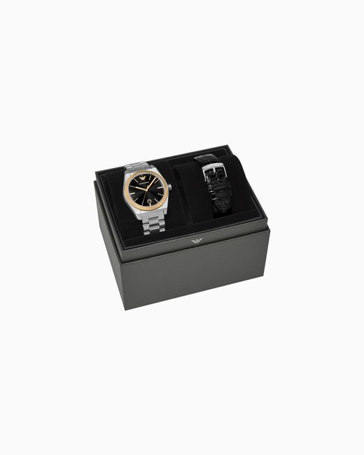Set De Reloj De Acero Inoxidable Con Tres Manecillas Y Visualización De Fecha Y Correa De Piel Intercambiable Emporio Armani de hombre de color White
