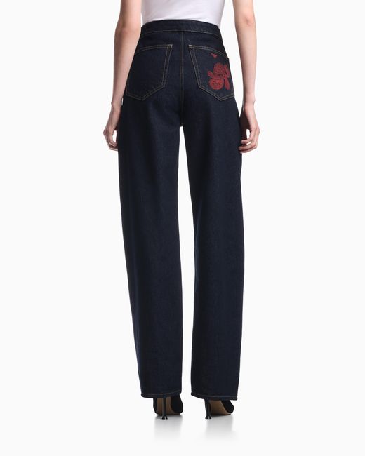Emporio Armani Blue Denim Jeans With Boteh Capsule Embroidery