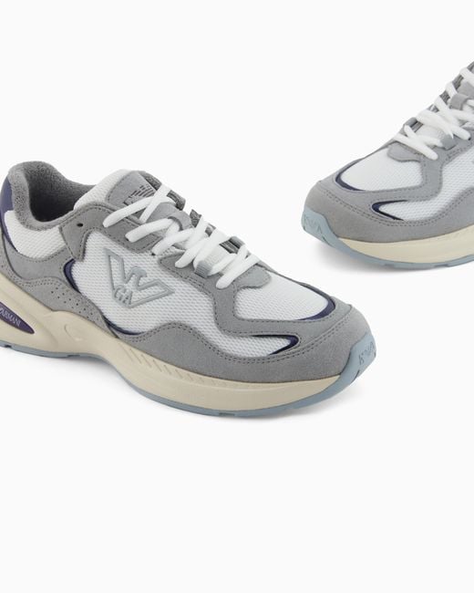 Emporio Armani White Mesh Sneakers With Suede Details And An Eagle Logo