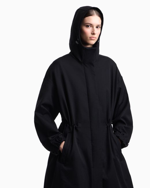 Emporio Armani Black Nylon Twill Hooded Trench Coat