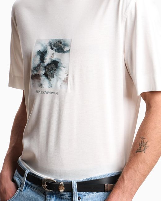 Emporio Armani White Lyocell Blend Jersey T-Shirt With Printed And Embroidered Graphic Design for men