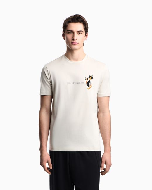 Emporio Armani White Après Jersey T-Shirt With Logo Embroidery And Cat Print for men