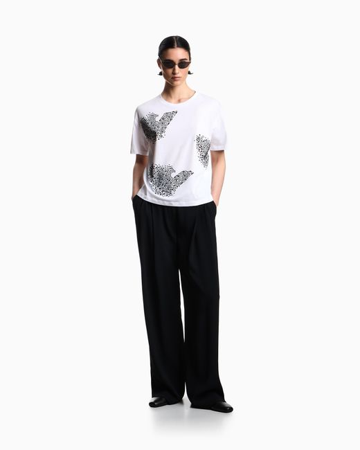 Emporio Armani White Jersey T-Shirt With Rhinestone Eagle