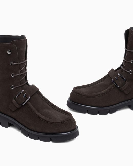 Emporio Armani Black Suede Lace-Up Boots With A Decorative Buckle Strap