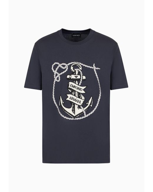 Emporio Armani Blue Jersey T-shirt With Anchor Embroidery And Asv Logo for men