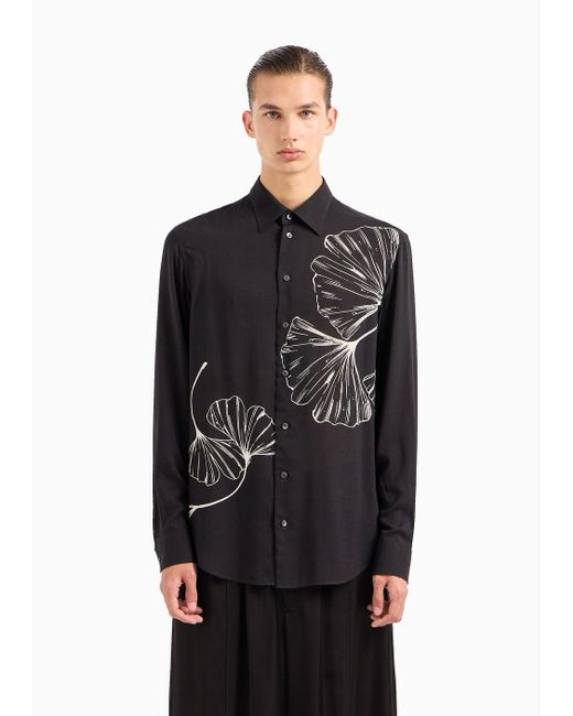 Emporio Armani Black Viscose Shirt With An All-over Nature Print for men