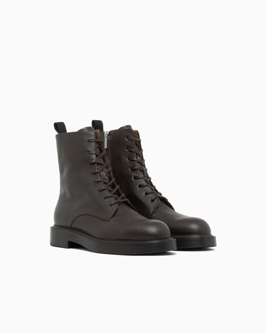 Emporio Armani Black Pebbled Leather Lace-Up Ankle Boots With Side Zipper for men