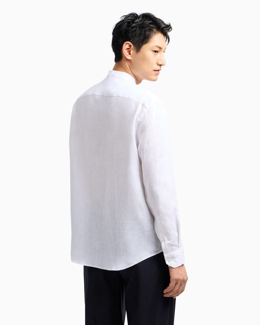 Emporio Armani White Linen Chambray Shirt With Guru Collar for men