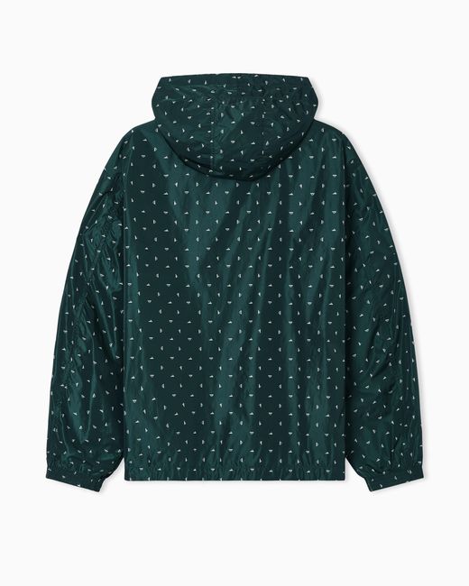 Emporio Armani Green Nylon Hooded Blouson With All-Over Micro-Eagle Graphic Design for men