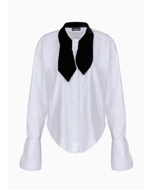Emporio Armani White Cotton Drill Shirt With Velvet Foulard Collar