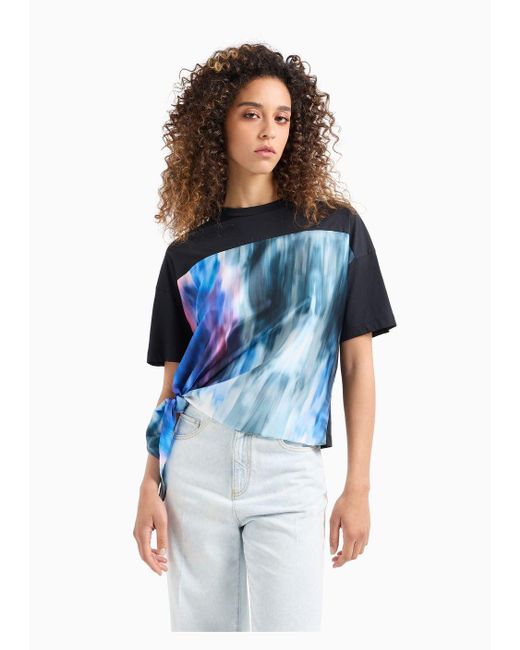 Emporio Armani Blue Asv Organic-jersey T-shirt With Multicoloured Insert