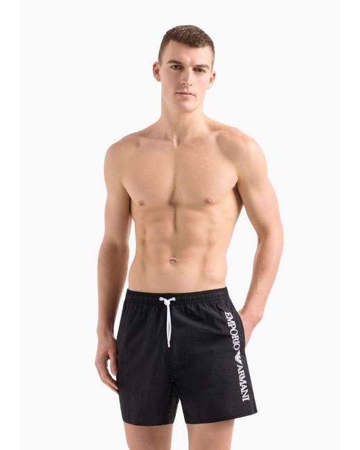 Costume Shorts In Tessuto Crinkle Con Ricamo Logo Laterale di Emporio Armani in Black da Uomo