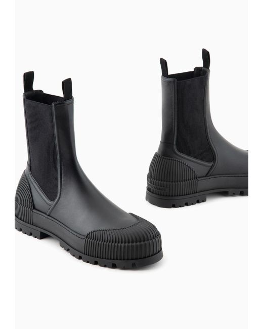 Emporio Armani Black Leather Beatle Boots With Rubber Toe And Sole for men